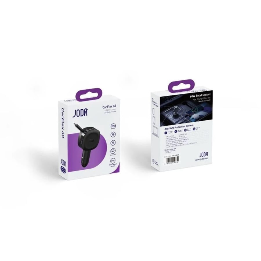 Joda - Car charger Car Flex 60 watts with built-in cable with two USB-C and USB-A ports - Black