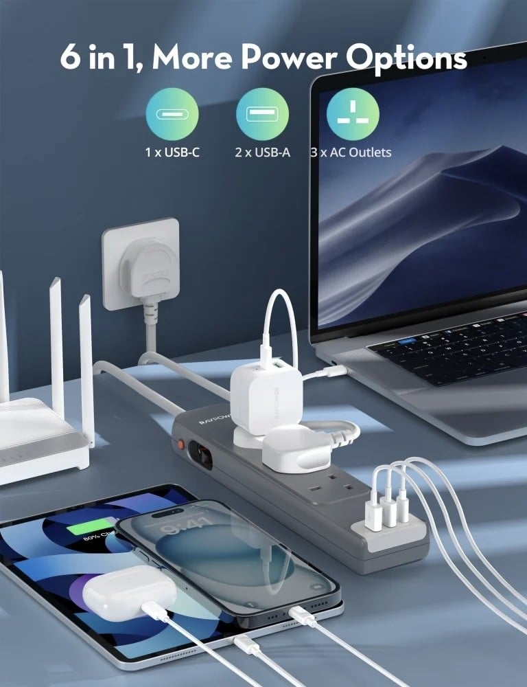 توصيلة راف باور 3 منافذ طاقة ومنفذين USB-A ومنفذ USB-C بطول 3 متر - رمادي