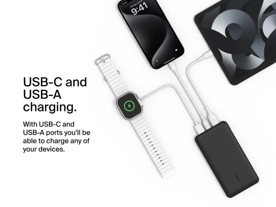 بيلكن - حقيبة السفر Power Bundle بطارية بسعة 10,000mAh وشاحن جداري بمنفذ USB-C بقوة 25W وكيبل تايب سي 1 متر - اسود