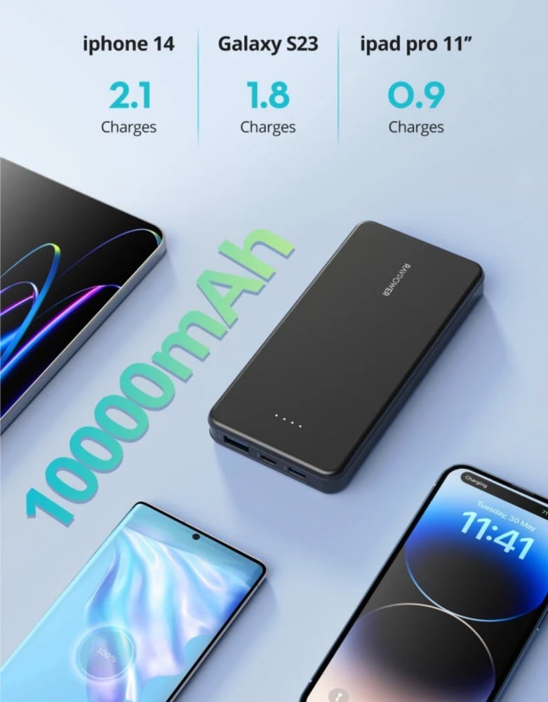 بطارية راف باور 10000 ملي امبير بمنفذ تايب سي ومنفذ مايكرو ومنفذ USB بقوة 15 واط