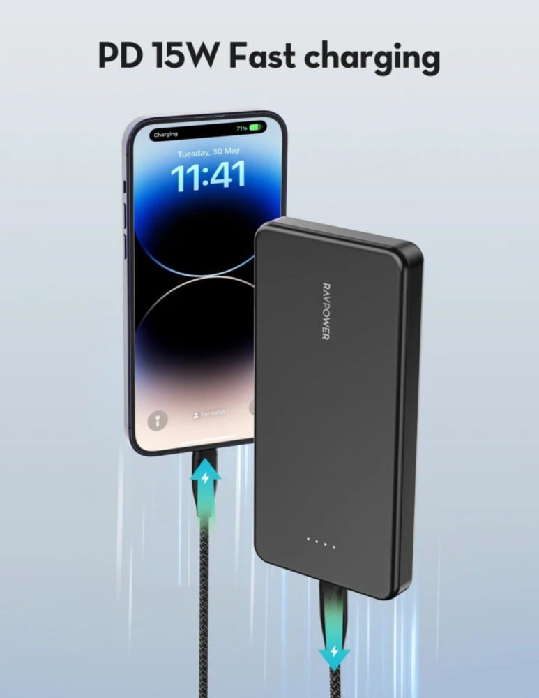 بطارية راف باور 10000 ملي امبير بمنفذ تايب سي ومنفذ مايكرو ومنفذ USB بقوة 15 واط