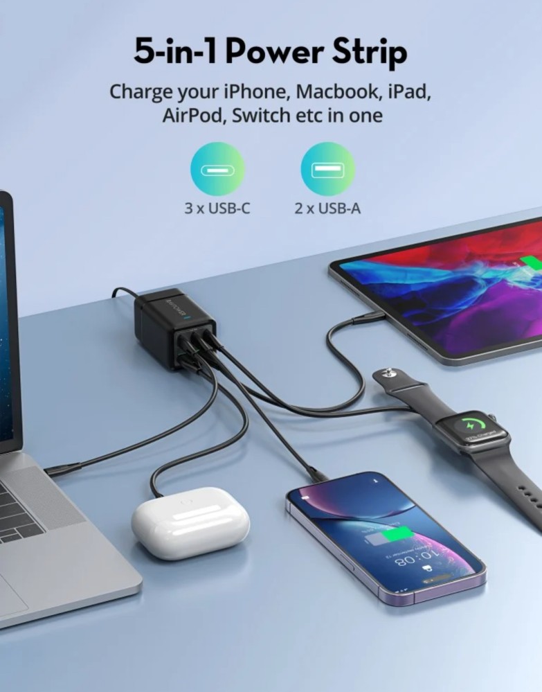 منصة شحن راف باور ثلاث منافذ تايب سي ومنفذين USB-A بقوة 75 واط - اسود