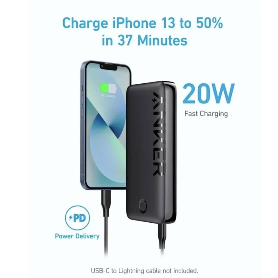 انكر - بطارية باوركور بمنفذين USB-A ومنفذ تايب سي بسعة 20,000 ملي امبير 20W - اسود