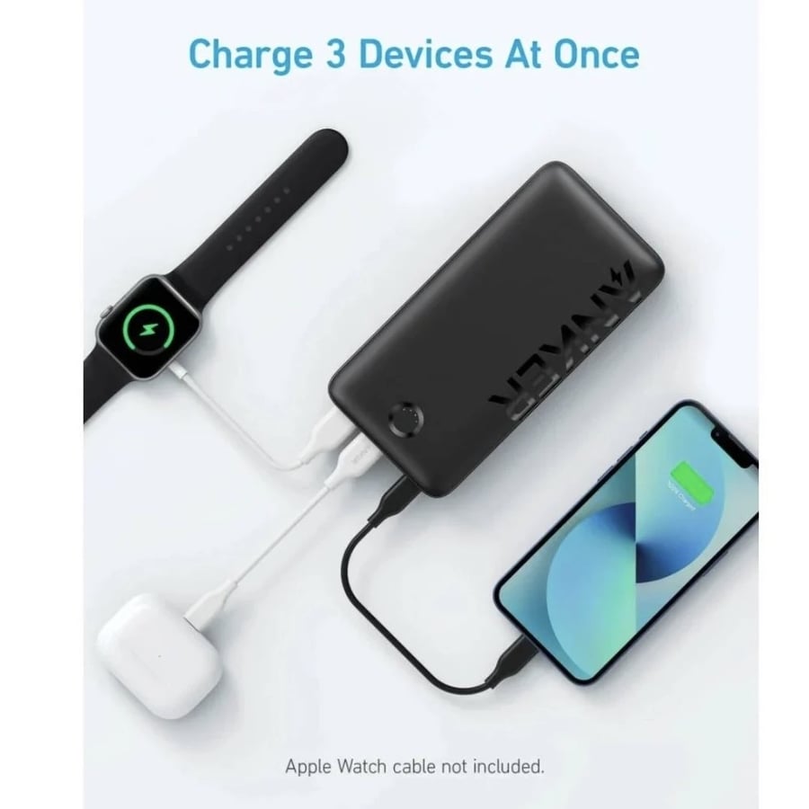 انكر - بطارية باوركور بمنفذين USB-A ومنفذ تايب سي بسعة 20,000 ملي امبير 20W - اسود