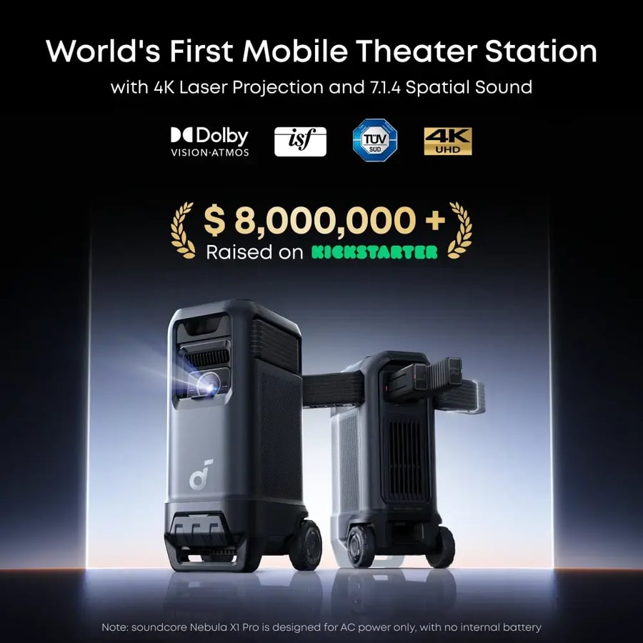 جهاز عرض سينمائي منزلي وخارجي ساوندكور نيبولا إكس 1 برو ثلاثي الليزر بدقة 4K، سطوع 3500 لومن ANSI، سينما محمولة، صوت مكاني 7.1.4 مع Dolby Atmos، تقريب بصري، نسبة تباين 56,000:1، إعداد تلقائي ذكي
