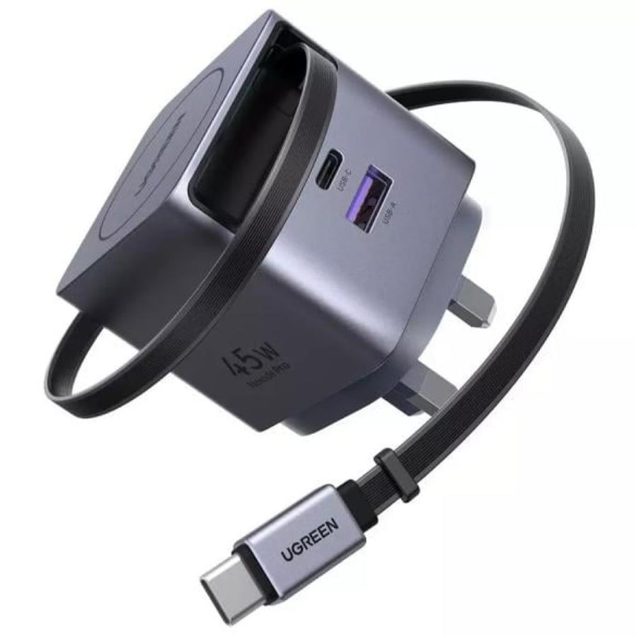 يوجرين - شاحن جداري Nexode Pro بقوة 45 واط مع كابل USB-C قابل للسحب - رمادي