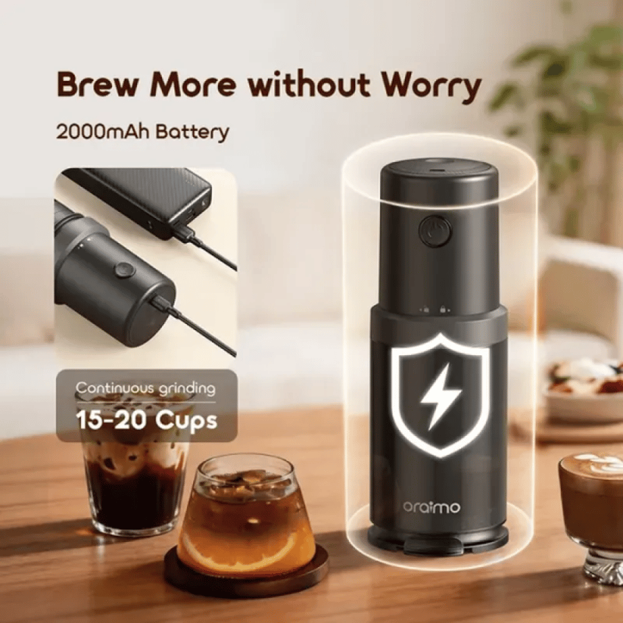 مطحنة قهوة اورايمو BeanGrind ومحضرة قهوة 2 في 1 محمولة بسعة 350 مل 2000 مللي أمبير - أسود