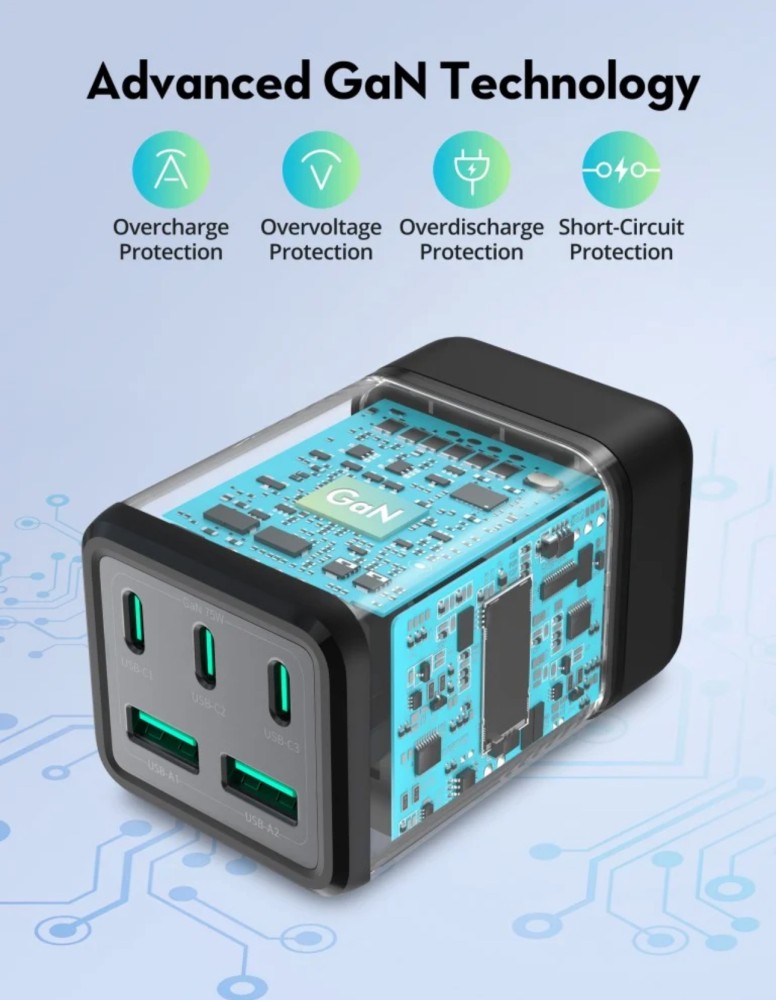 منصة شحن راف باور ثلاث منافذ تايب سي ومنفذين USB-A بقوة 75 واط - اسود