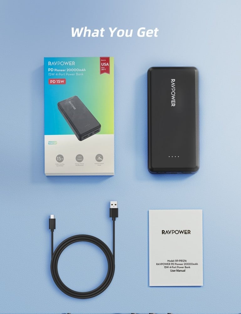 بطارية راف باور بايونير 20000 ملي امبير بقوة 15 واط بمنفذين USB ومنفذ تايب سي ومنفذ مايكرو