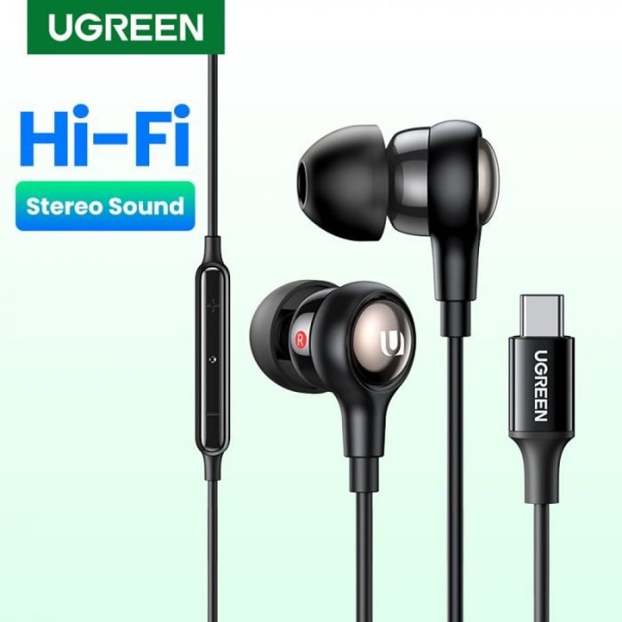سماعة أذن يوجرين سلكية مع مايكرفون مدمج بوصلة USB-C - أسود