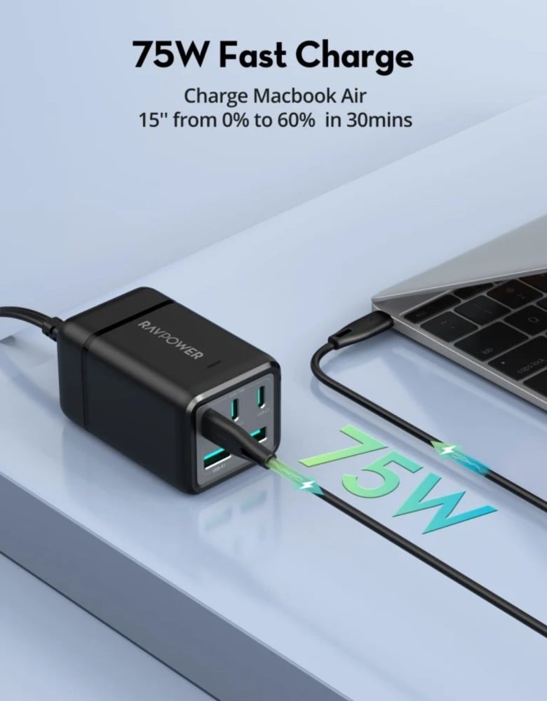 منصة شحن راف باور ثلاث منافذ تايب سي ومنفذين USB-A بقوة 75 واط - اسود