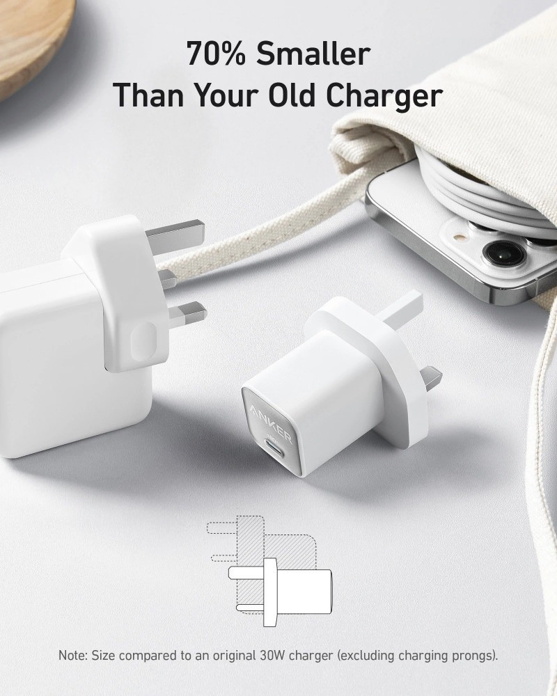 انكر - شاحن جداري نانو بقوة 30 واط بمنفذ USB-C - ابيض