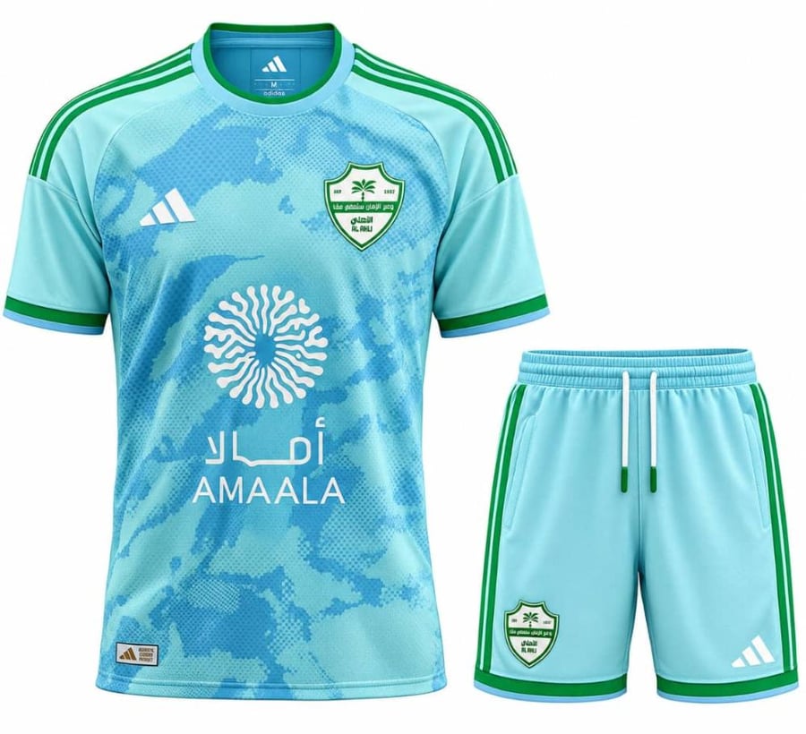 طقم الأهلي السعودي الثالث الجديد 2027 اللون السماوي من متجر لحظة تذكار