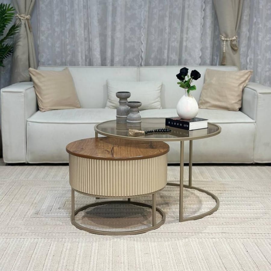 A set of two wooden tables with brown glass intertwined with 4 service trays