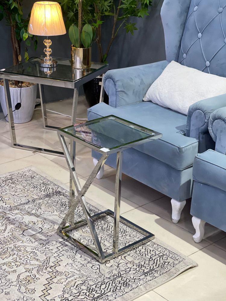 طاولة خدمة ستانلس ستيل فضي سطح زجاج 35x35x56 سم - تصفيات