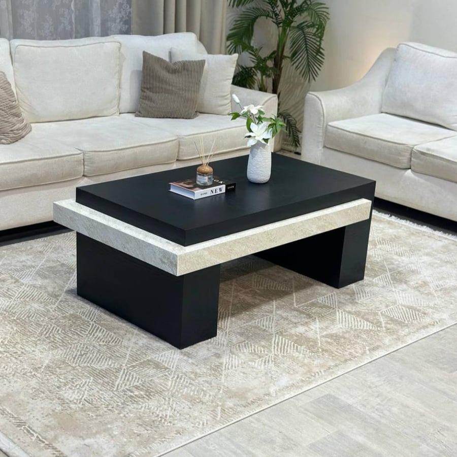 طاولة ضيافة خشب سنديان وبديل رخام أسود 130x70x50 سم