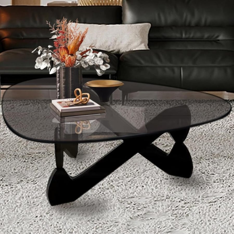 New Classic coffee table black wood base transparent black glass surface - with an elegant and luxurious design