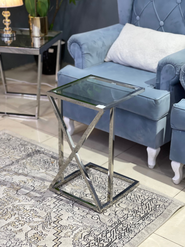 طاولة خدمة ستانلس ستيل فضي سطح زجاج 35x35x56 سم - تصفيات