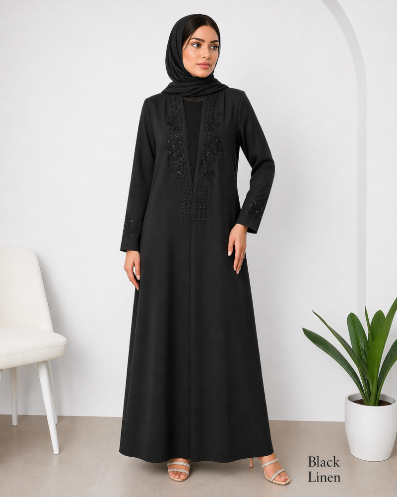 عباية كريب ملكي أسود مع تطريز ناعم دوام مناسبات
