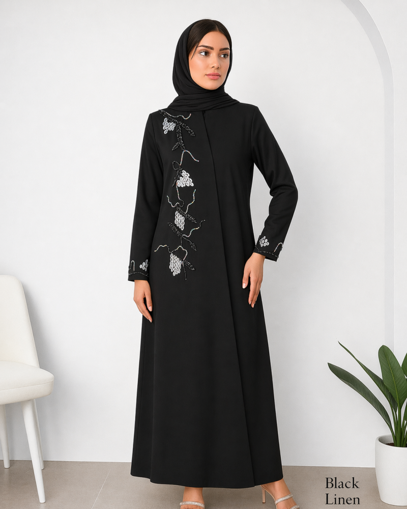 عباية قماش كريب أسود بتطريز يدوي فاخر