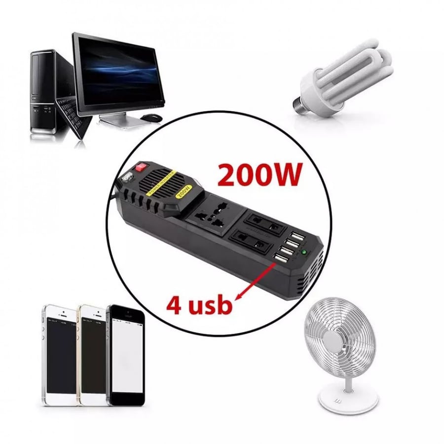 محول 200 واط 3 أفياش 4 منافذ USB