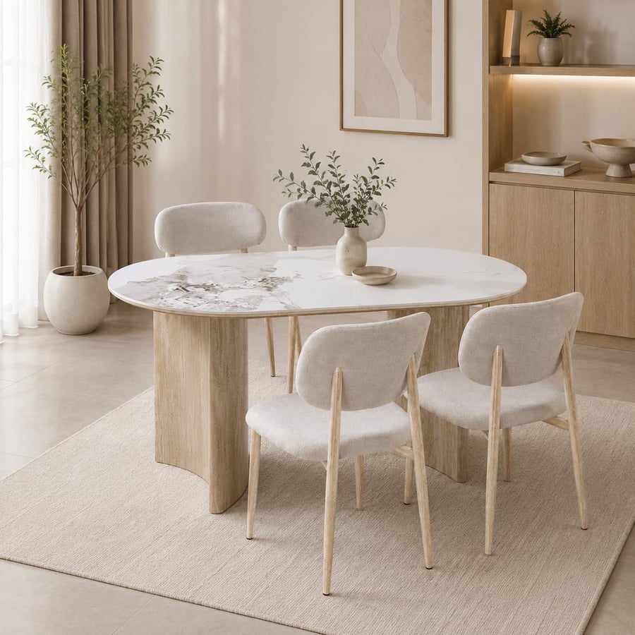 طقم طاولة طعام سيراميك بيضاوية مع 4 كراسي قماش بتصميم عصري.