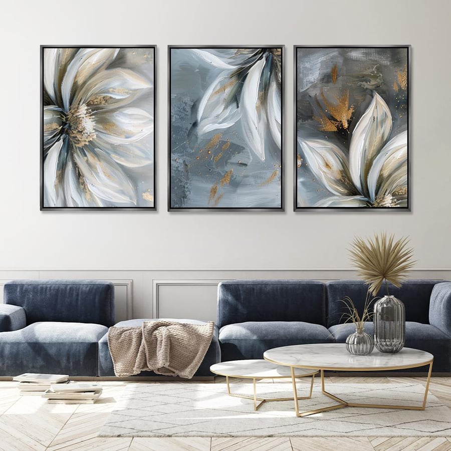 A three-panel painting with a modern design