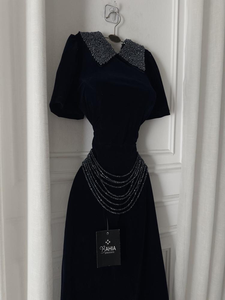 Velvet dress with embroidery, hand-stitched collar, chains, gemstones, waist