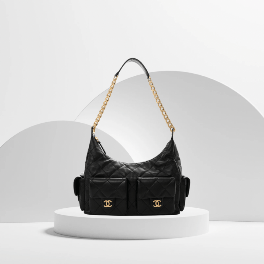 Shiny Lambskin Quilted Trendy Pockets Hobo Black
