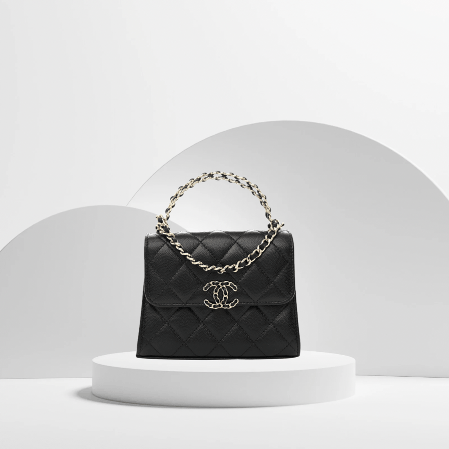 Grained Shiny Calfskin & Gold-Tone Metal Clutch with Chain