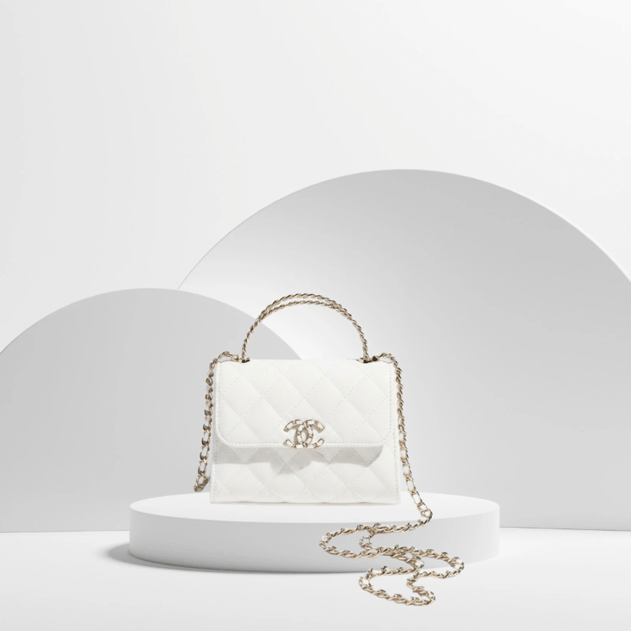 Grained Shiny Calfskin & Gold-Tone Metal Clutch with Chain