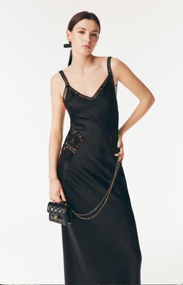 CHANEL BLACK LONG DRESS 2025 فستان شانيل أسود ساتان حريري ودانتيل مخرم