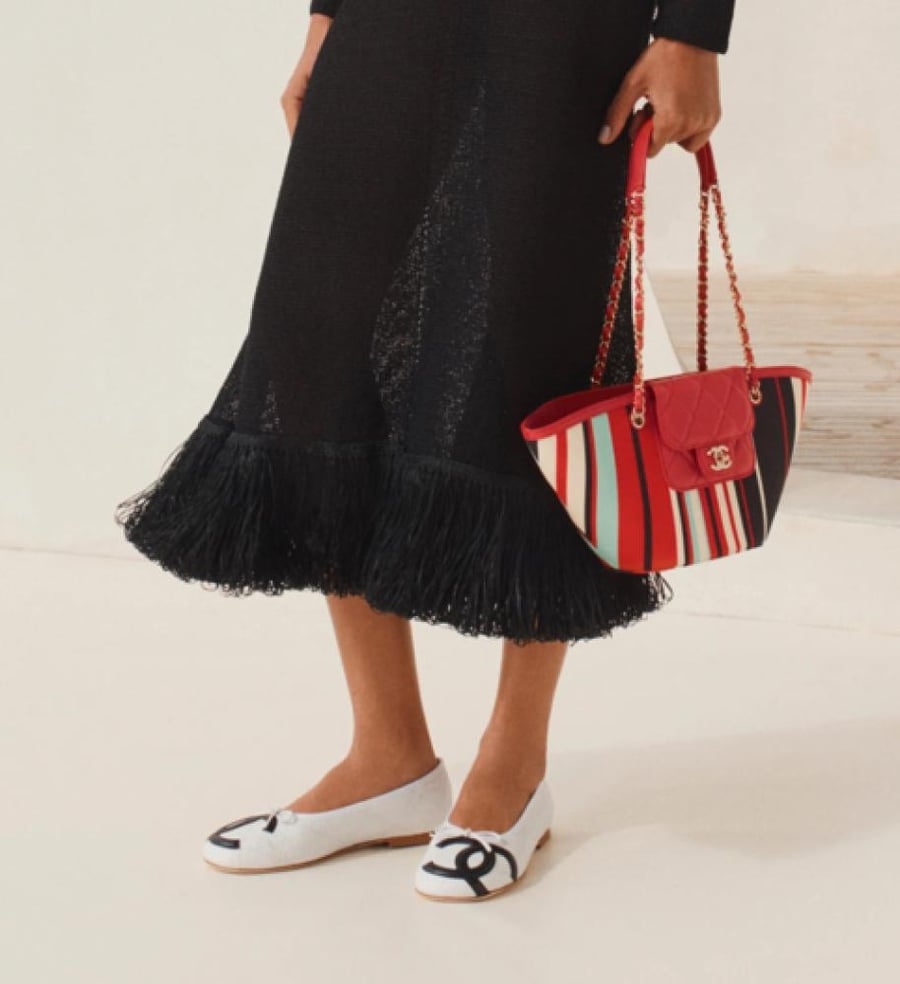 Chanel Coco Beach Ballerina 2026  فلات شانيل باليرينا جلد أبيض أسود