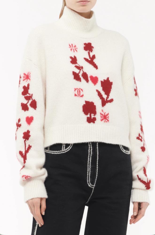 Chanel WHITE COCO NEIGE PULLOVER 2024 كنزة شانيل بلوفر صوف أبيض أحمر