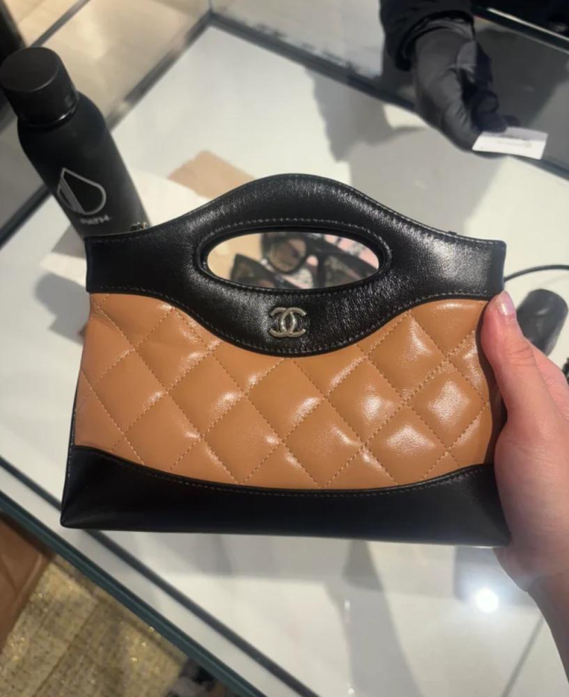 Chanel 31 Mini Shopping Bag in Shiny Lambskin شنطةشانيل بيج أسود ميني