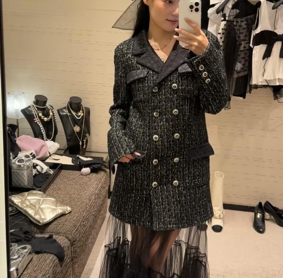 Chanel black long tweed jacket SANDS FERFETCH OUNASS