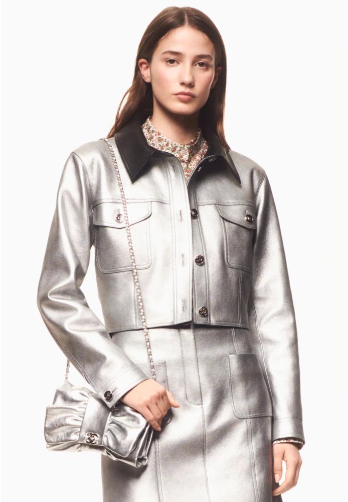 Metallic Lambskin Silver chanel jacket 2024 جاكيت شانيل سترة جلد فضي