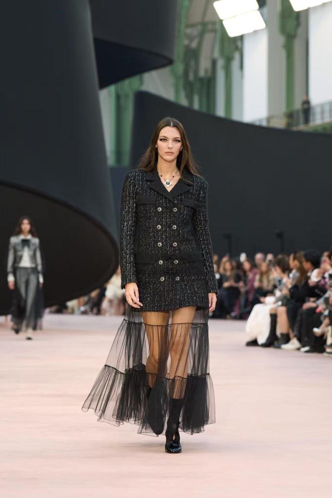 Chanel black long tweed jacket SANDS FERFETCH OUNASS