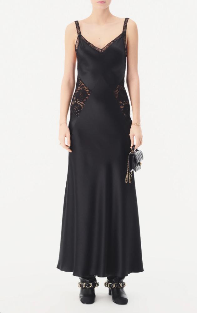 CHANEL BLACK LONG DRESS 2025 فستان شانيل أسود ساتان حريري ودانتيل مخرم