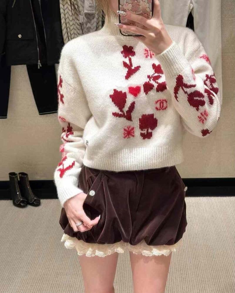 Chanel WHITE COCO NEIGE PULLOVER 2024 كنزة شانيل بلوفر صوف أبيض أحمر