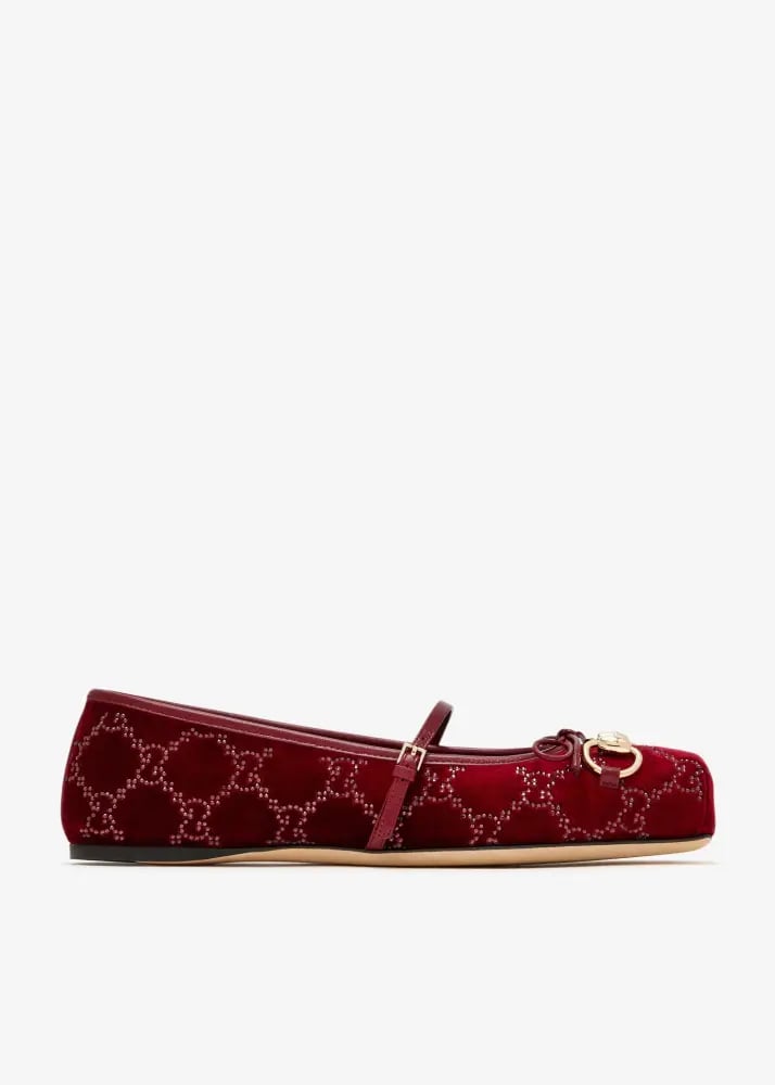 2026 حذاء غوتشي باليه فلات مخمل برغندي GUCCI  burgundy ballet flats
