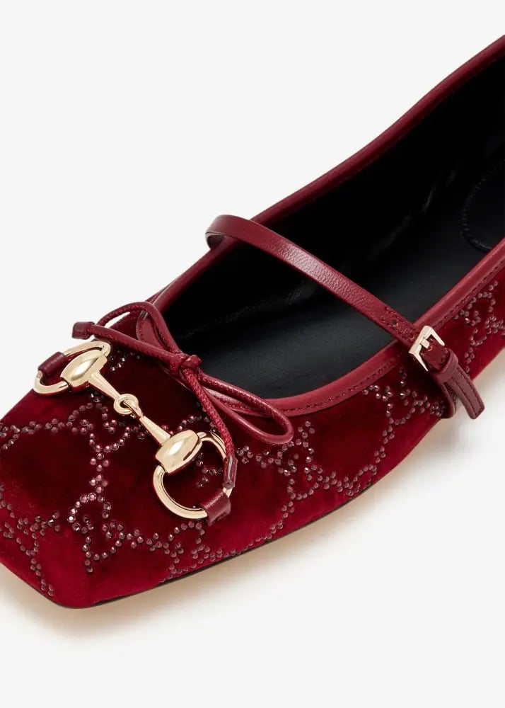 2026 حذاء غوتشي باليه فلات مخمل برغندي GUCCI  burgundy ballet flats