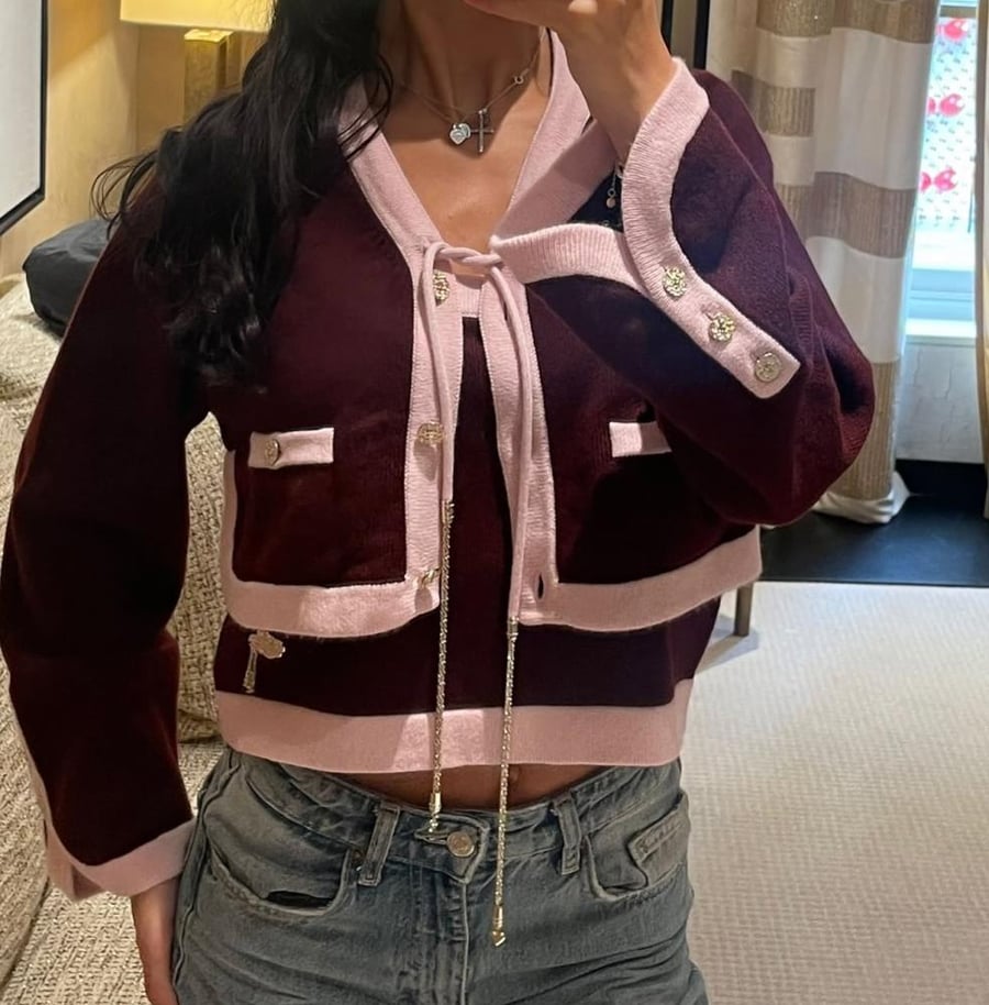 2025 قميص شانيل توب برغندي وردي CHANEL BURGUNDY PINK TOP