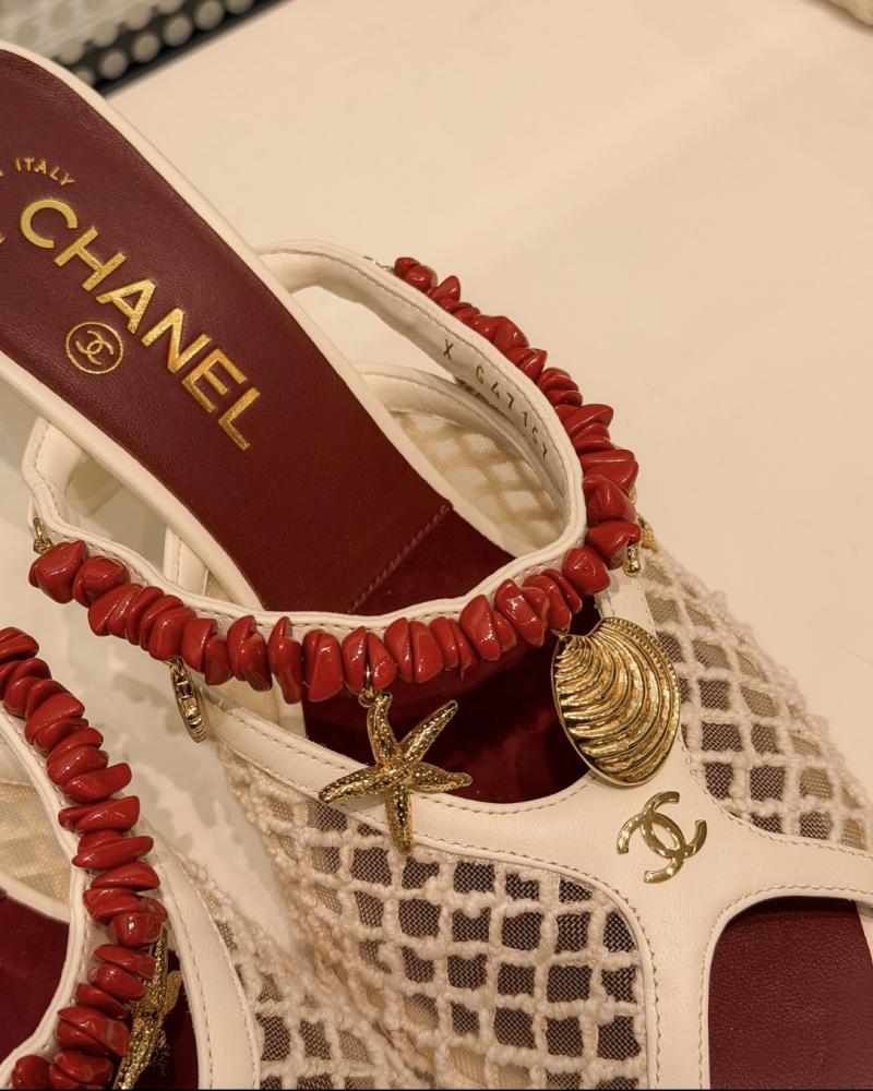 Chanel Coco Beach 2026 Mules حذاء شانيل مولز شبكة وجلد  heels