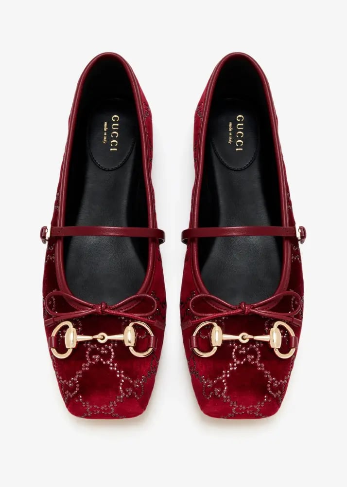 2026 حذاء غوتشي باليه فلات مخمل برغندي GUCCI  burgundy ballet flats