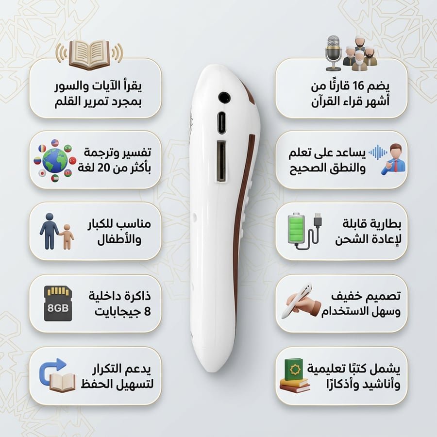قلم ذكي إلكتروني قارئ للقرآن الكريم بالتجويد مع سماعات وشاحن