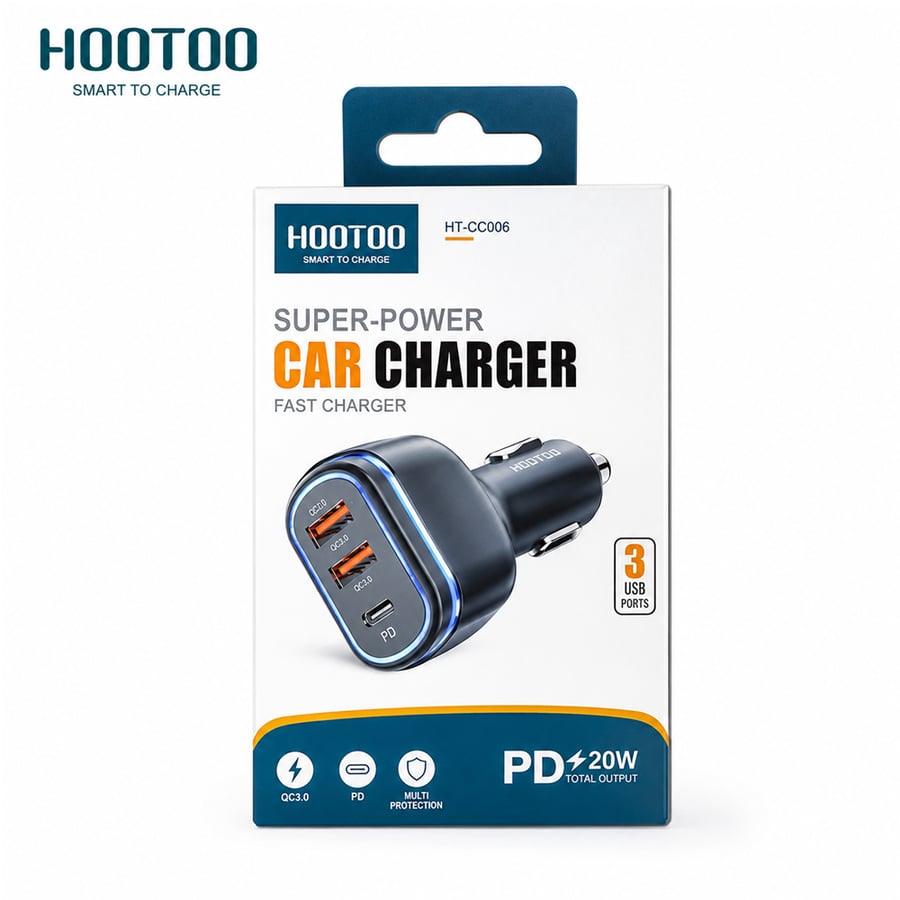 شاحن سيارة هوتو ثلاثي المنافذ بمنفذي USB ومنفذ USB-C للشحن السريع