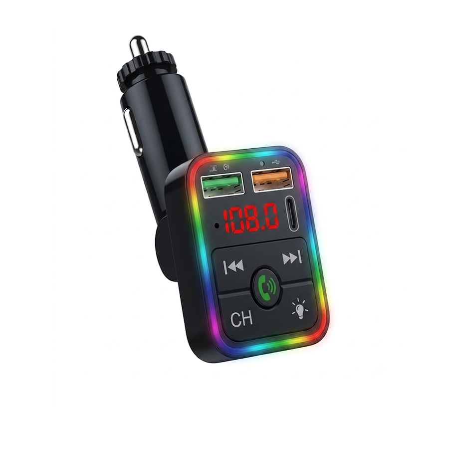 محول بلوتوث ومُشغل FM للسيارة مع شاحن سريع وإضاءة LED تفاعلية RGB