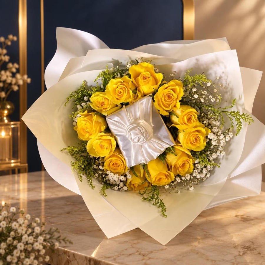 باقة ورد طبيعبي اصفر 30 حبه