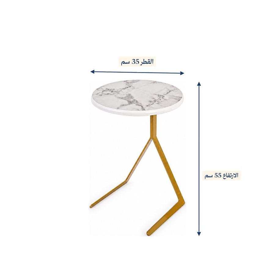 طاولة خدمة خشب أبيض رخامي دائرية بقواعد حديد ذهبية مائلة